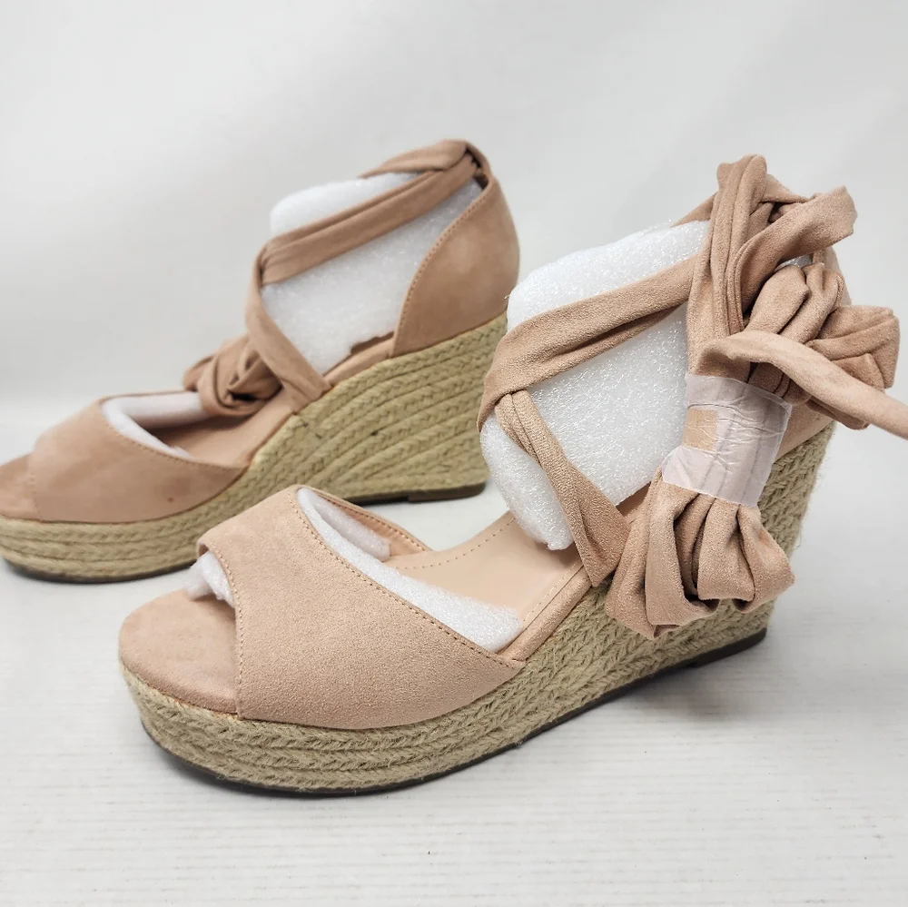 New‎ Blush Pink Espadrille Wedge Sandals Suede Ankle Tie Platforms Size 9.5